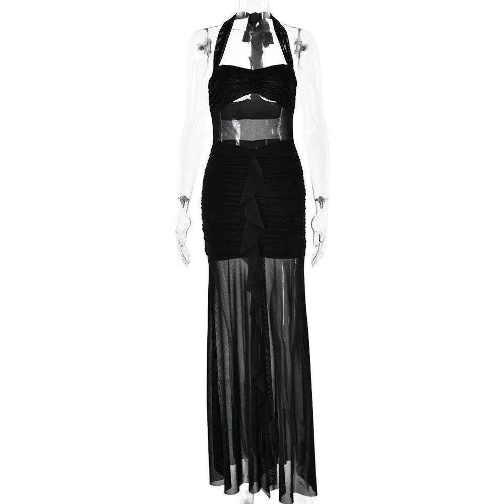 Maxi Chiffon Dress with Ruching Detail and Neck Tie Ruffle - Shelly