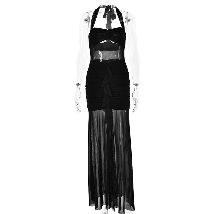 Maxi Chiffon Dress with Ruching Detail and Neck Tie Ruffle - Shelly