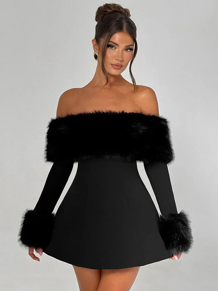 Off-shoulder A-line mini dress with feather fur detail - Ira