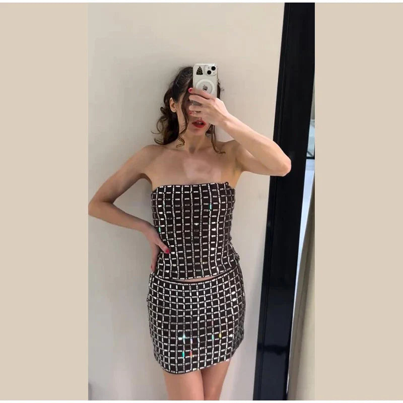 Strapless top / mini skirt / maxi dress / maxi dress with sparkling sequins design