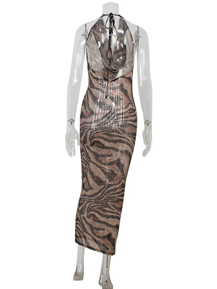 Leopard Print Sequin Maxi Dress with Draped Collar and Open Back - Magnolia