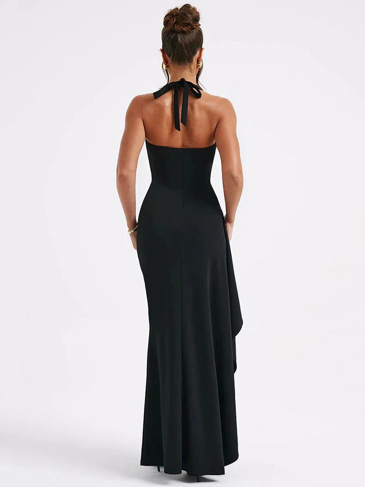 Luxury Maxi Dress with V-Neck, Deep Slit, and Open Back - Alicia