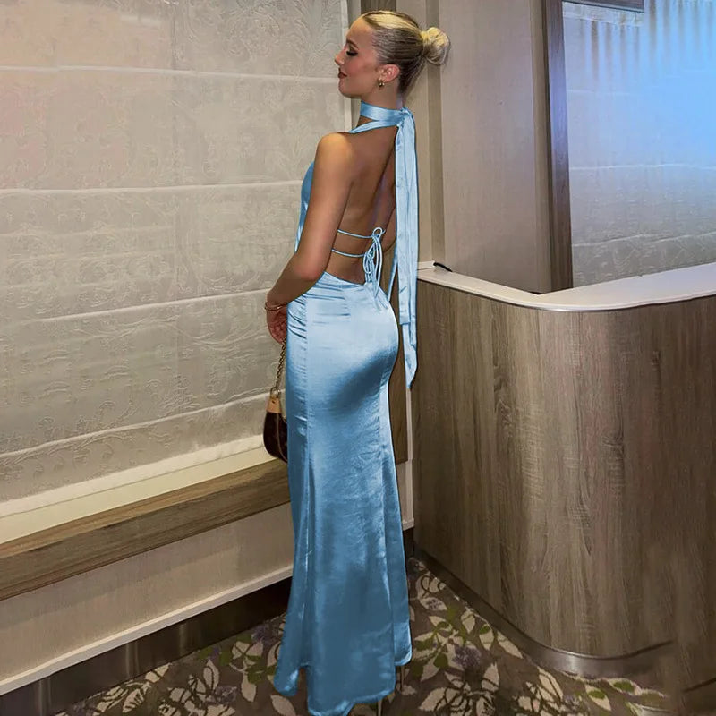 Satin Dress with Deep Neckline and Neck Tie - Paulina