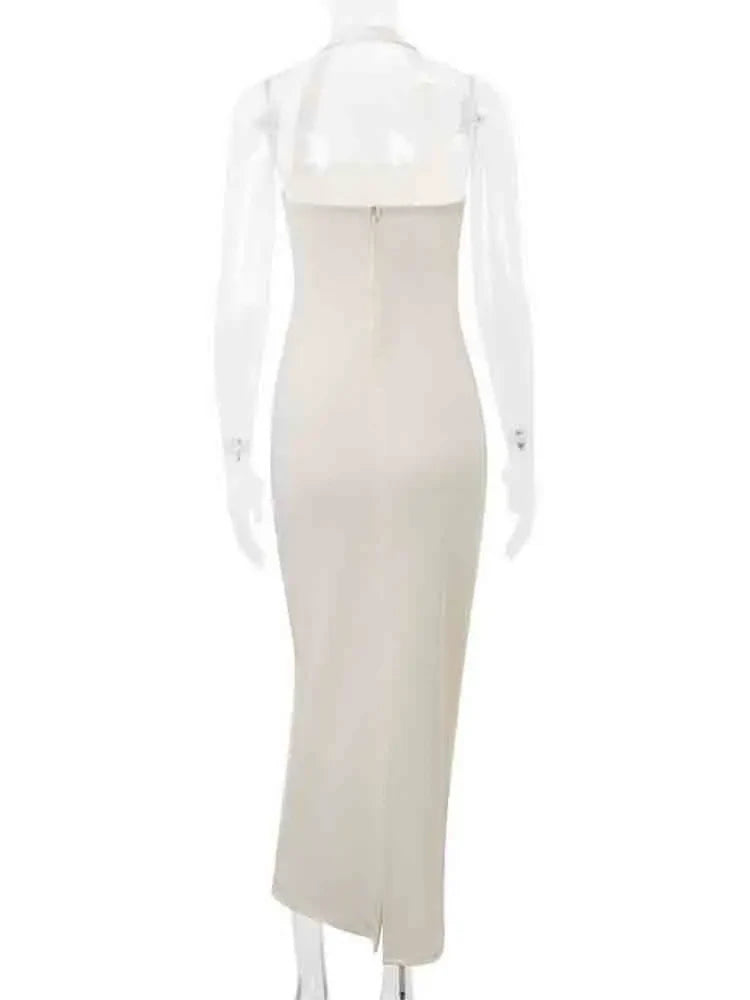 Fitted Maxi Dress with Pin Closure and Open Back - Natasha