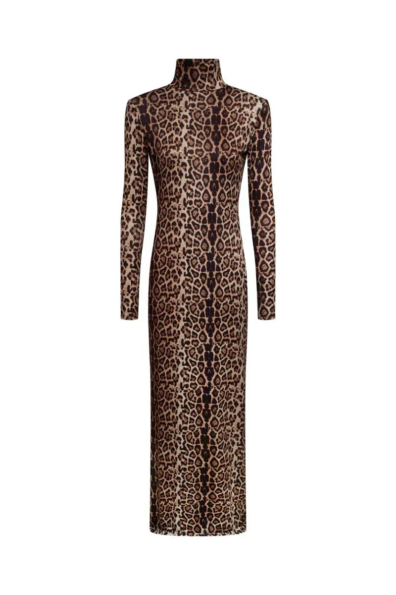 Leopard print maxi dress with turtleneck - Madlen