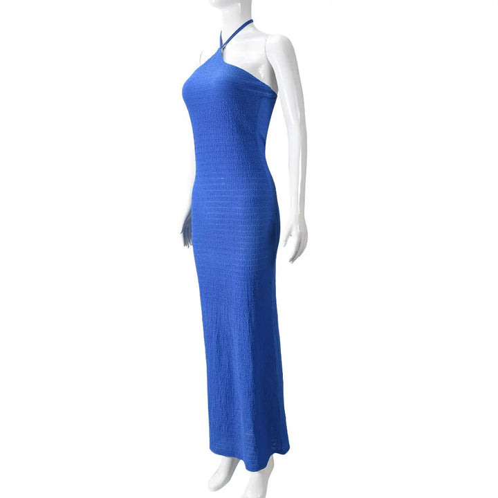 Knitted Maxi Dress with Collar, Ruching Fabric, Open Back - Miley