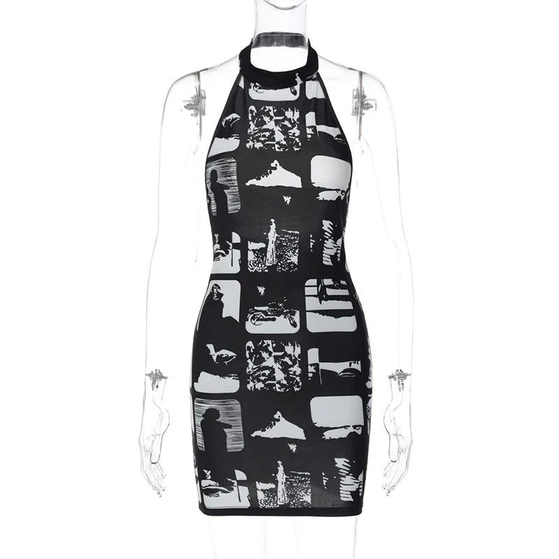 Mini Dress with Collar and Monochrome Print Design - Tessa
