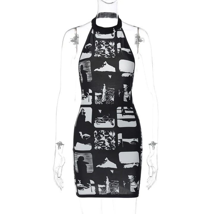 Mini Dress with Collar and Monochrome Print Design - Tessa