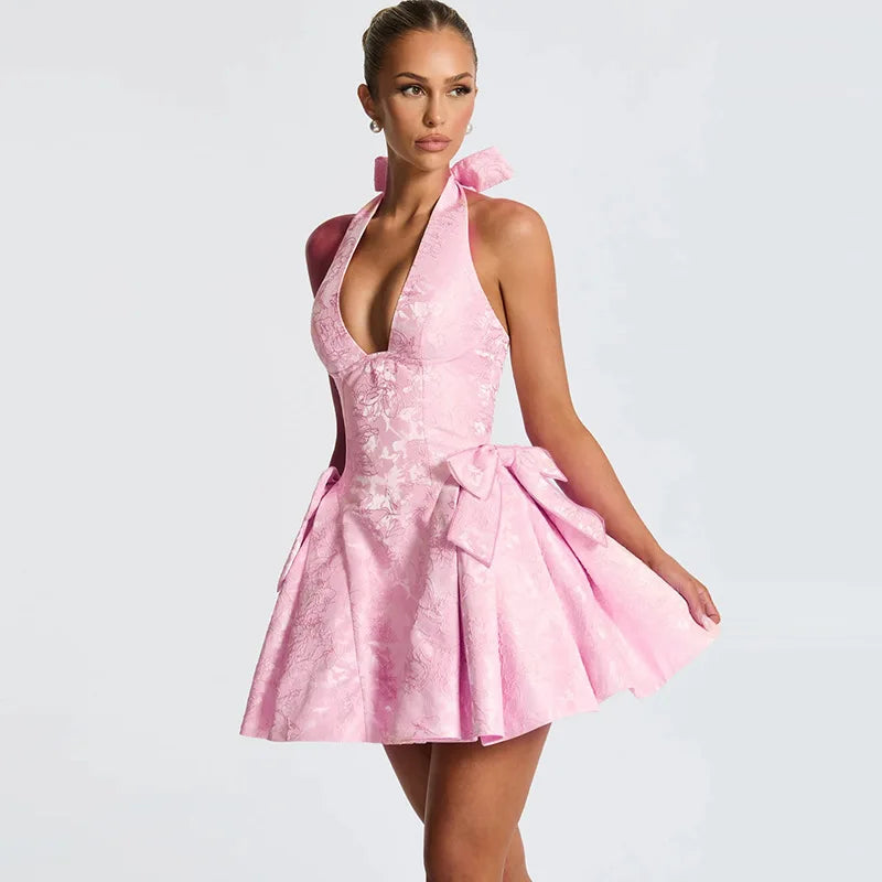 A-line mini dress with neck tie and embroidered floral illustration with bow details - Carolina