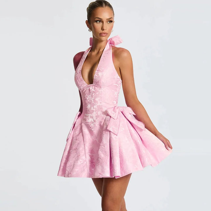 A-line mini dress with neck tie and embroidered floral illustration with bow details - Carolina