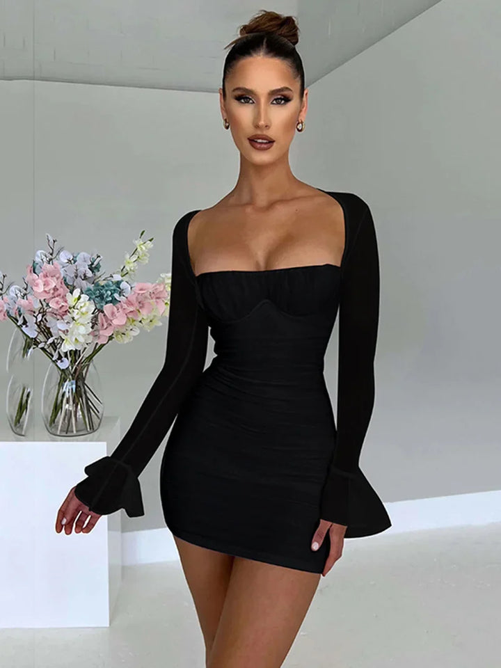 Ruched mini dress with open back and mesh sleeves - Ariana