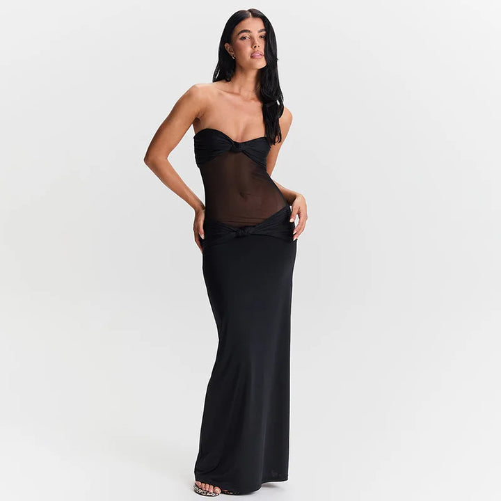 Maxi Dress with Removable Straps, Ruched and Mesh Design - Blair