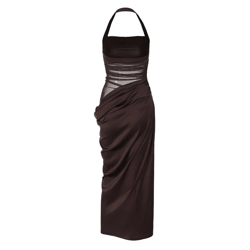 Satin Maxi Dress with Gathered Mesh Top and Open Back - Arya