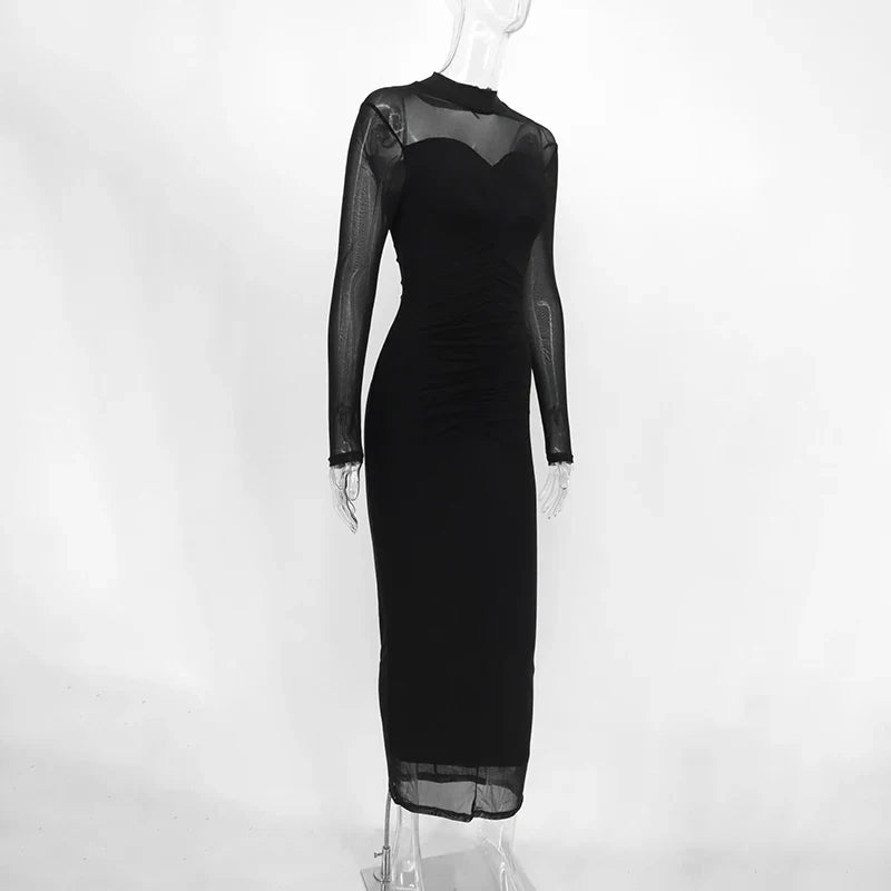 Ruched Shaping Fabric Maxi Dress with Flattering Mesh Design - Amelia