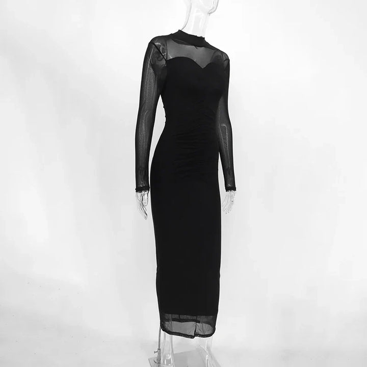 Ruched Shaping Fabric Maxi Dress with Flattering Mesh Design - Amelia
