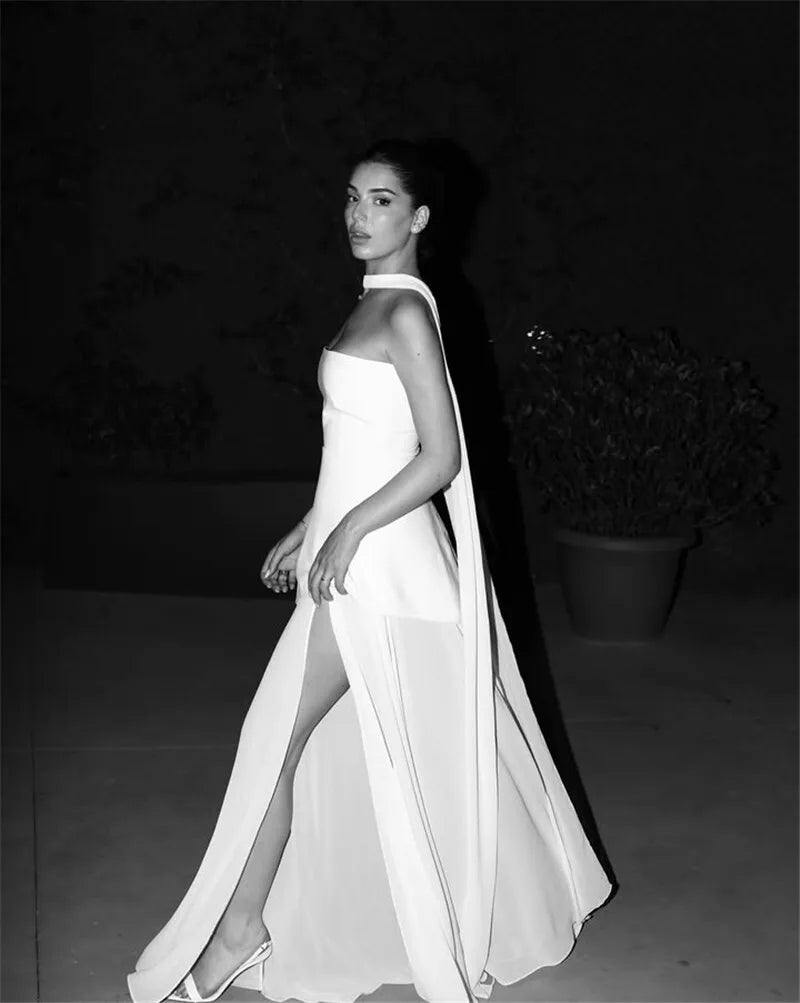 Strapless Maxi Dress with Chiffon Bottom, Slit Design, and Matching Scarf Detail - Princess