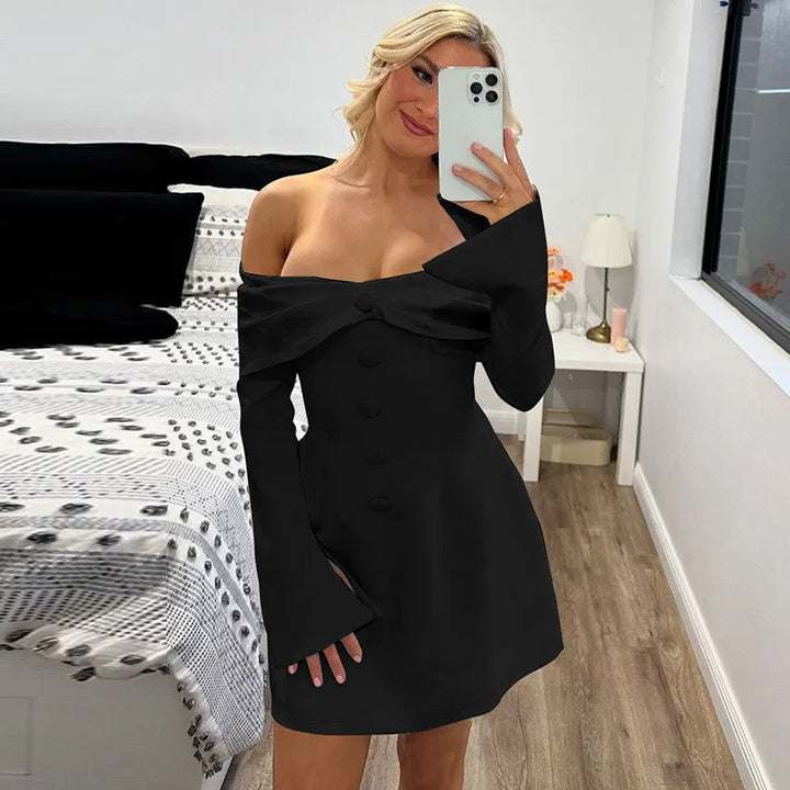 Mini A-line dress with off-shoulder and button decoration - Milian