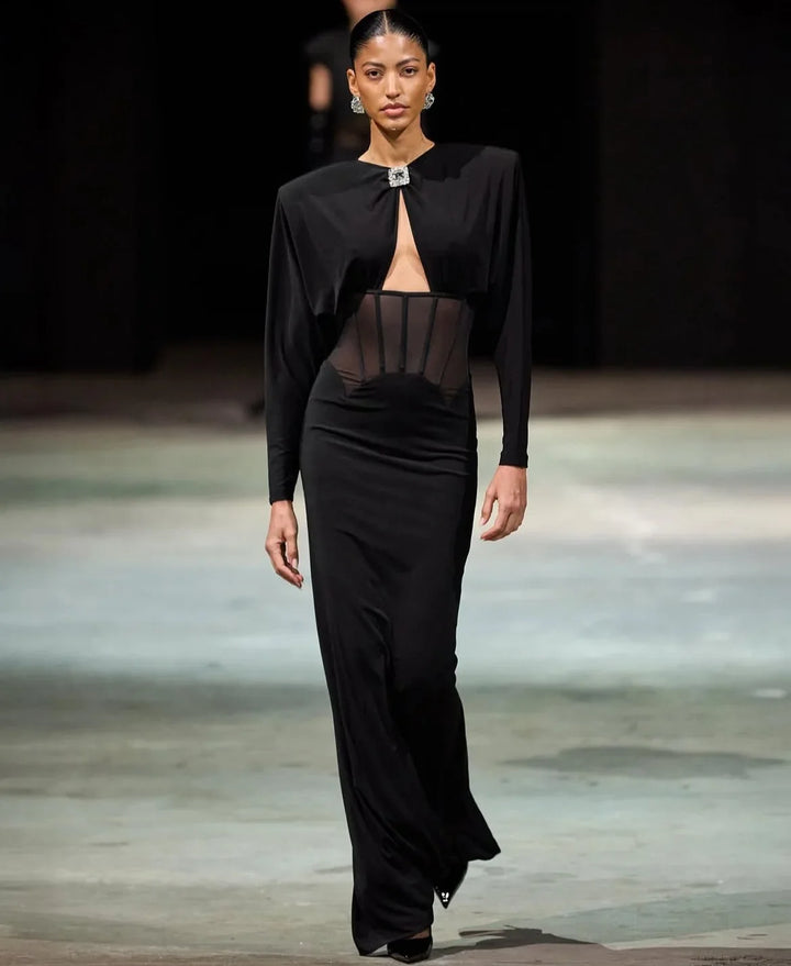 Maxi Dress with Mesh Corset Design and Diamond Buckle Decoration - AMOR