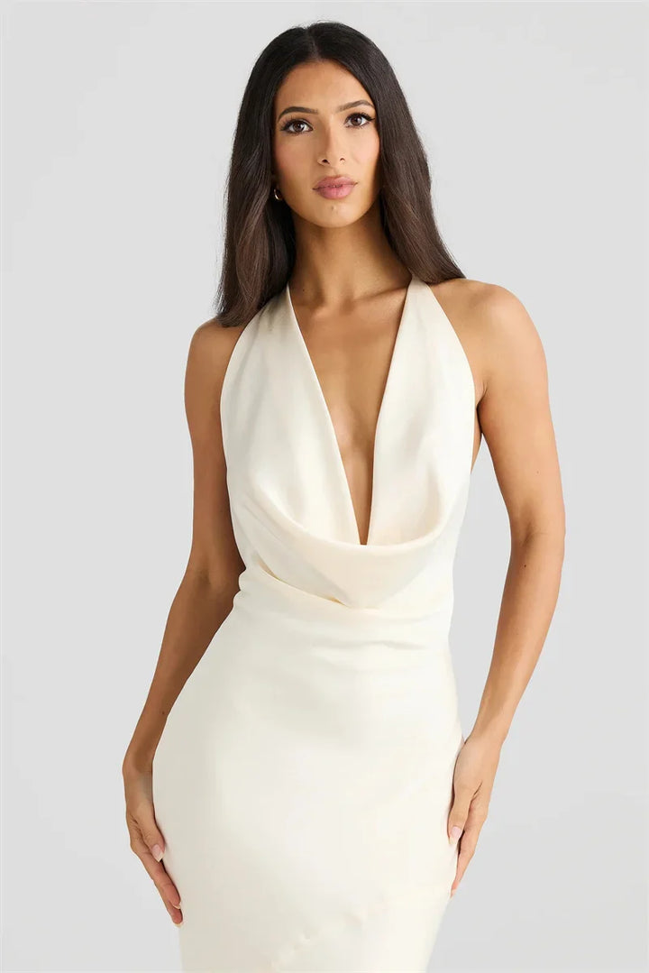 Satin Maxi Dress with Open Back and Draped Collar - Paula