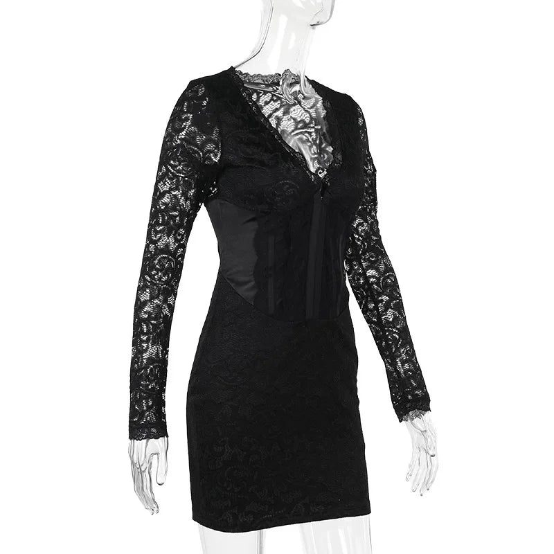 Fitted Lace Mini Dress with Satin Detail and Pin Closure - Olive