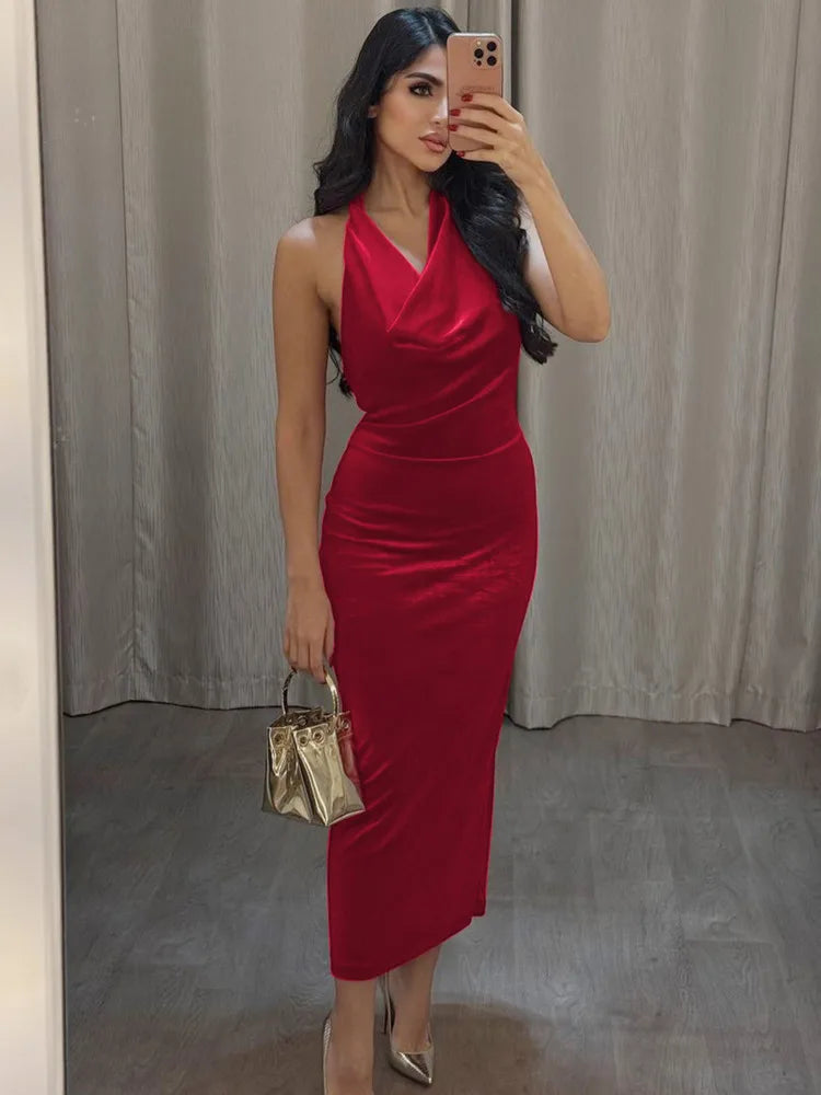 Maxi Velvet Dress with Dropped Collar and Open Back - Marla