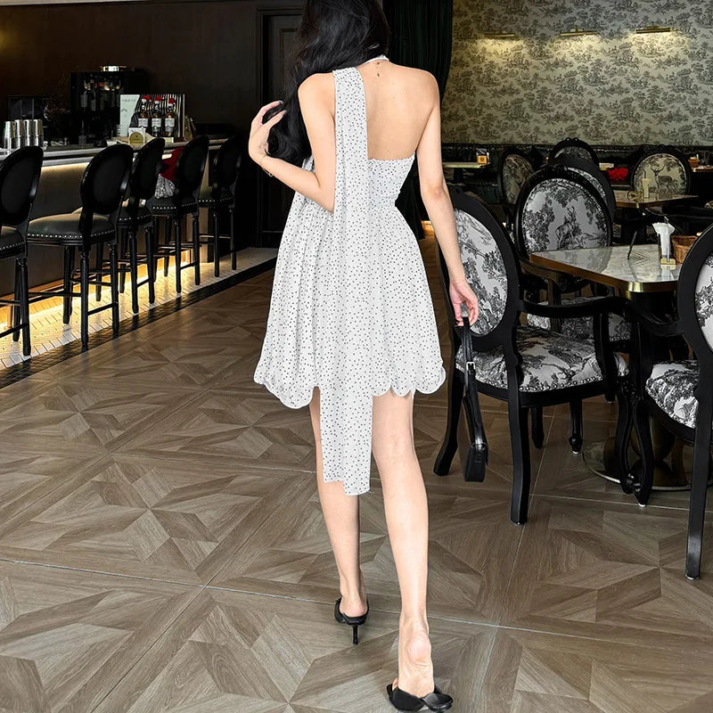 Mini Strapless Ruffle Dress with Corset Design, Polka Dot Detail and Matching Scarf - Milia