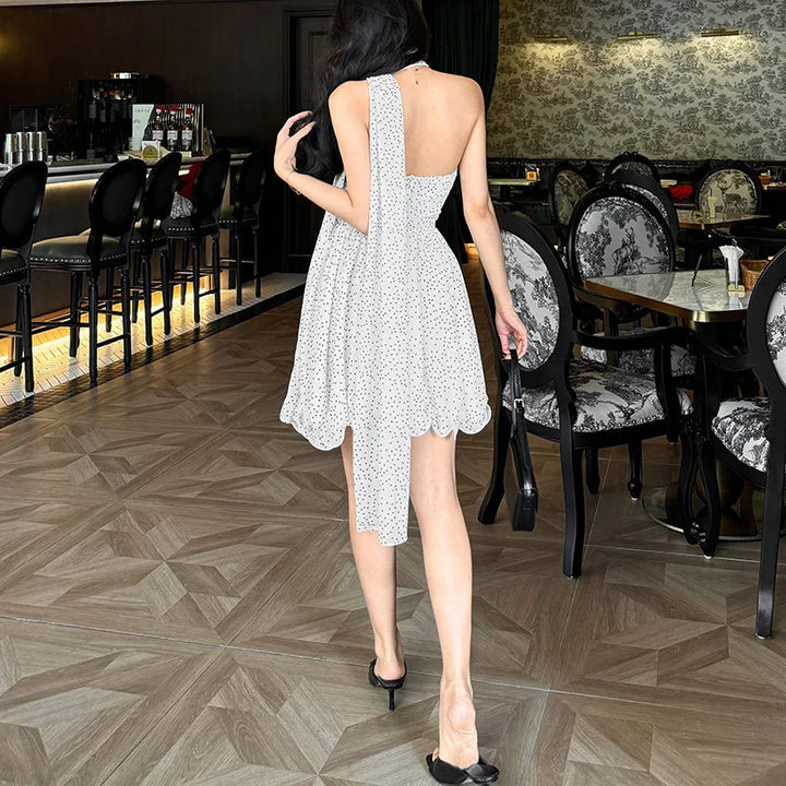 Mini Strapless Ruffle Dress with Corset Design, Polka Dot Detail and Matching Scarf - Milia