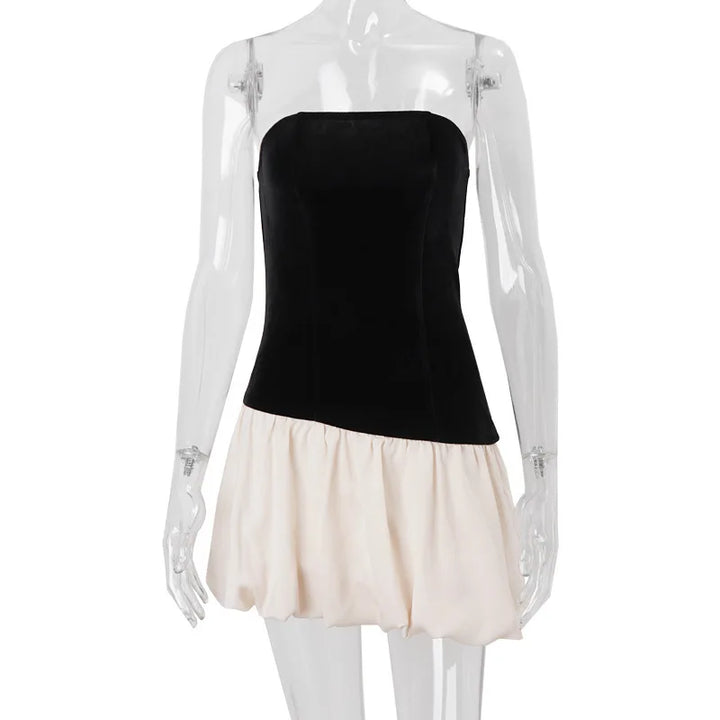 Mini strapless dress with asymmetrical balloon design, velvet top and satin bottom - Dua