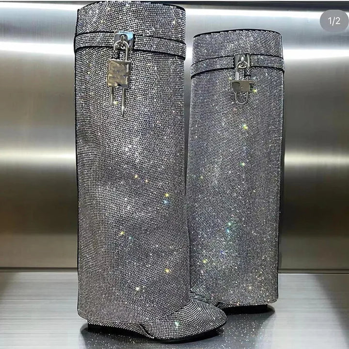 High Heel Boots with Glitter Studs and Lock Detail - Bailey