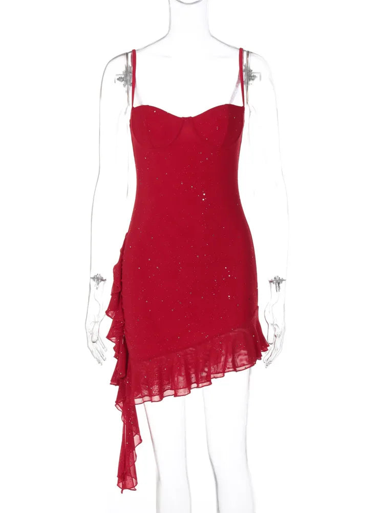 Mini sequin dress with asymmetric ruffle decoration - Kesem