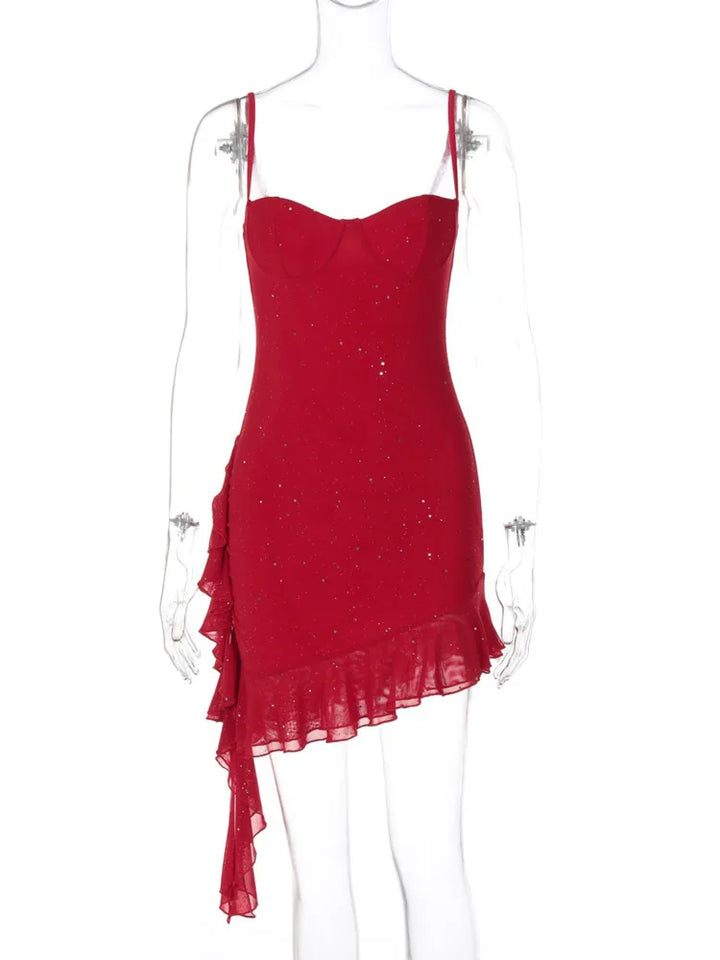 Mini sequin dress with asymmetric ruffle decoration - Kesem