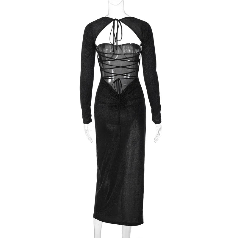 Sequin Maxi Dress with Slit and Open Back Tie Detail - Leila