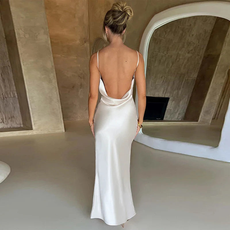 Satin Maxi Dress with Open Back Slit - Alina