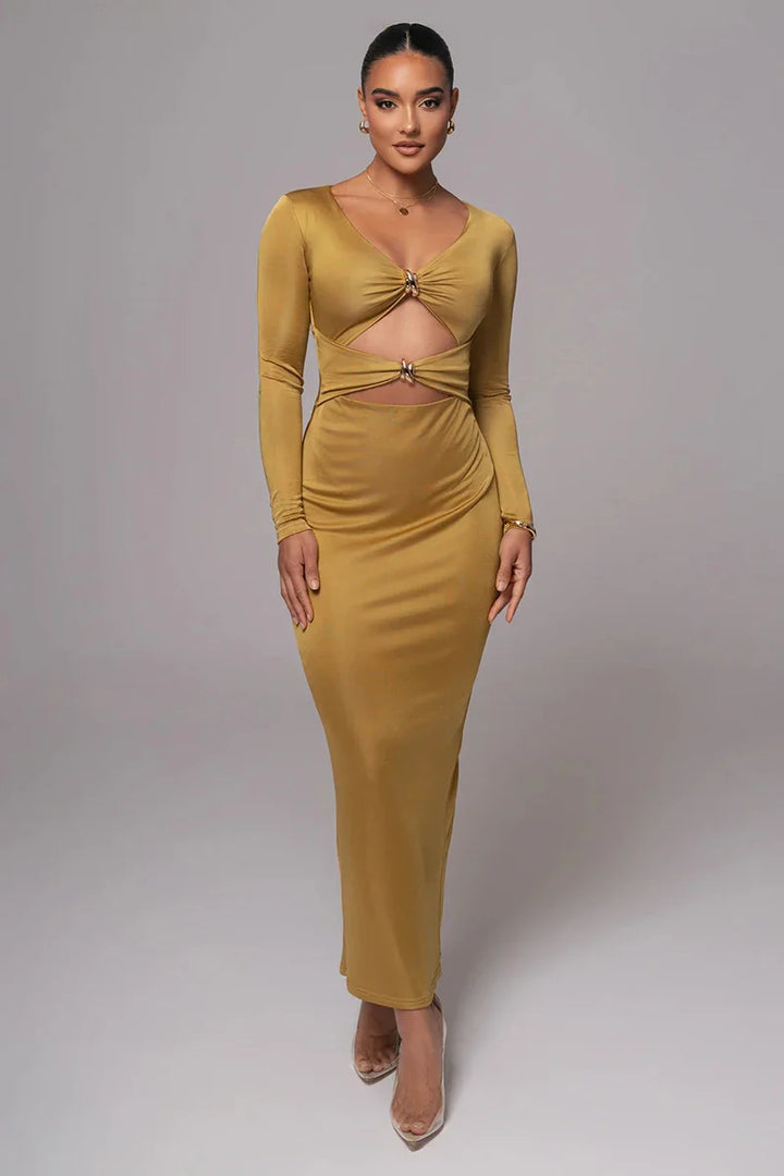 Fitted Shaping Fabric Maxi Dress with Cutouts and Buckles - Lauren
