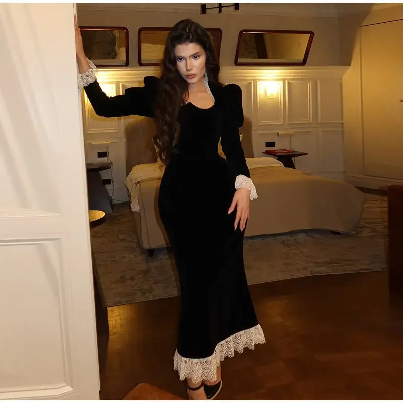Velvet Maxi Dress with Lace Embellation - Saylor