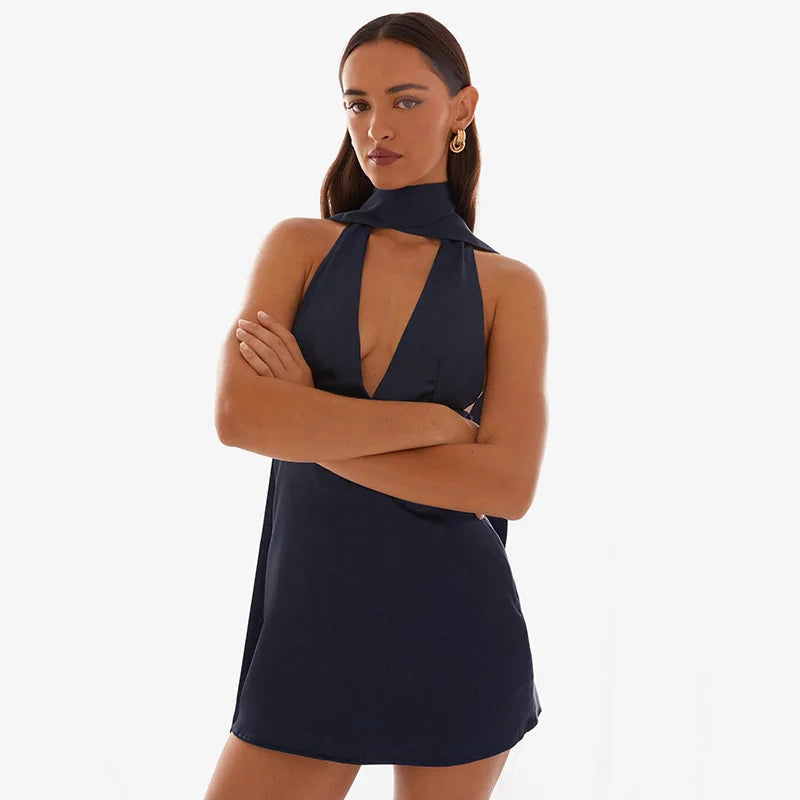 Satin mini dress with V neckline decorated with matching scarf - Karina