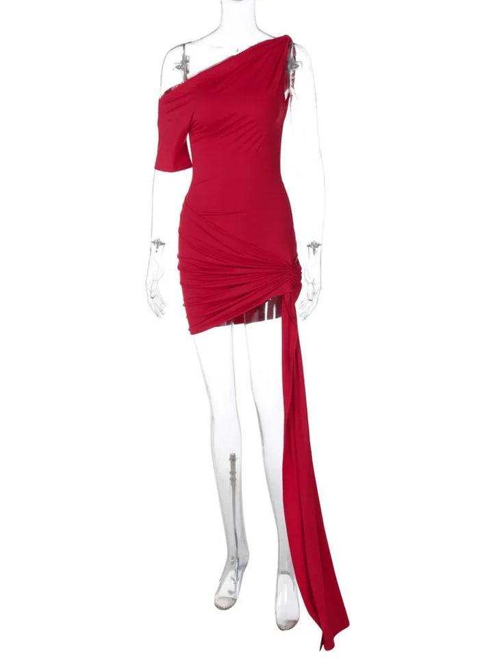 Mini dress with asymmetric design and train decoration - Nina