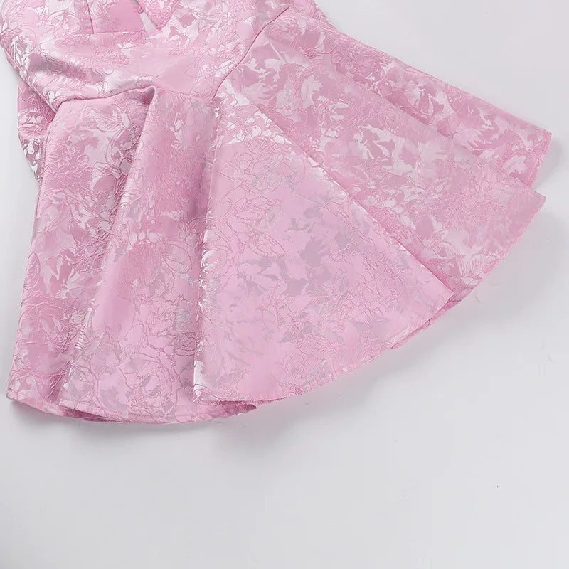 A-line mini dress with floral embroidery, bow detail on the back, tie-back design for waist fit and neck tie - Pearl
