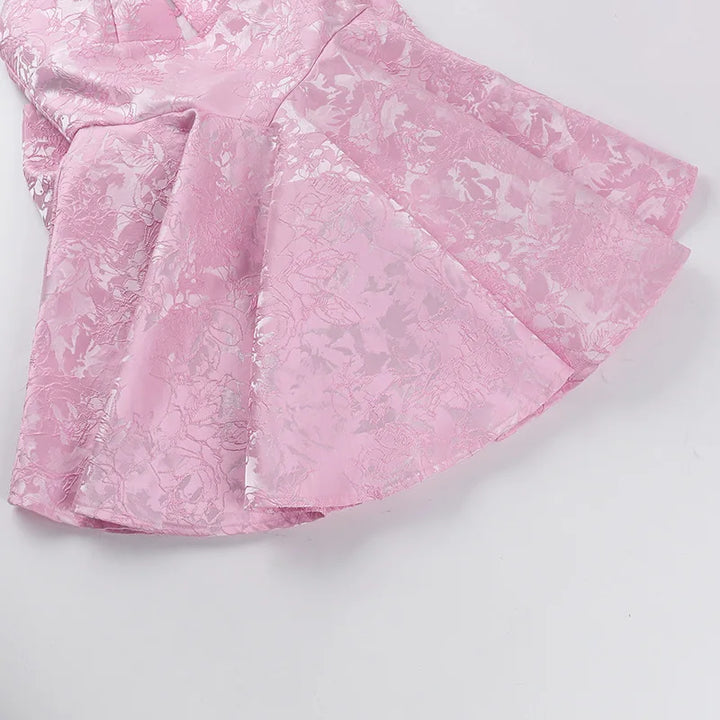 A-line mini dress with floral embroidery, bow detail on the back, tie-back design for waist fit and neck tie - Pearl