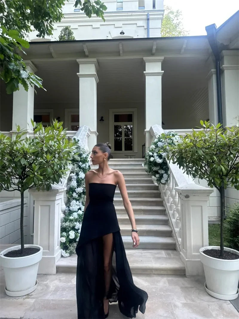 Strapless Maxi Dress with Chiffon Bottom, Slit Design, and Matching Scarf Detail - Princess