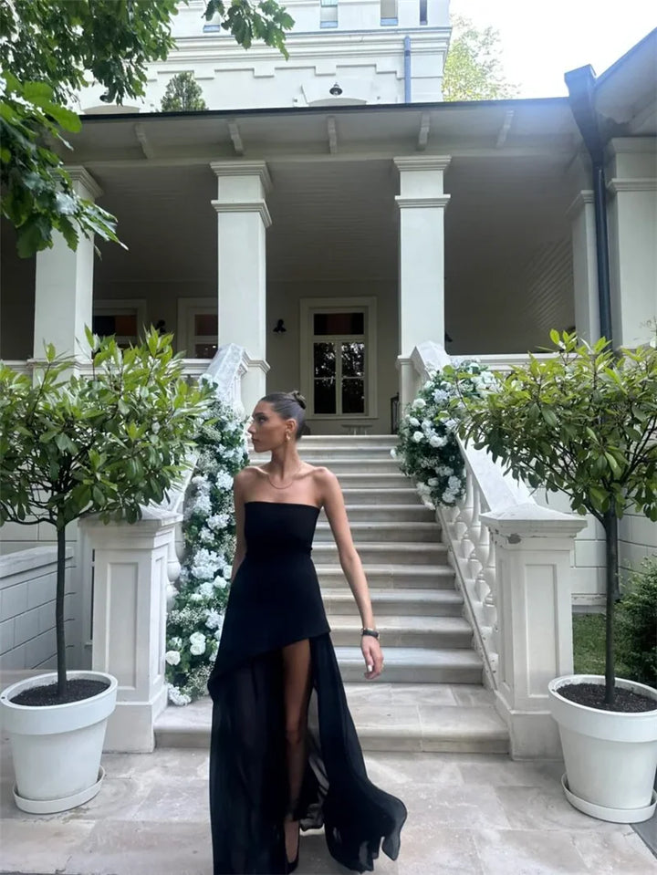 Strapless Maxi Dress with Chiffon Bottom, Slit Design, and Matching Scarf Detail - Princess