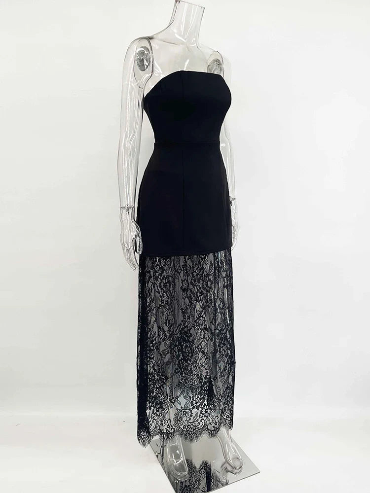 Elegant two-piece set strapless top and maxi lace skirt - Juline