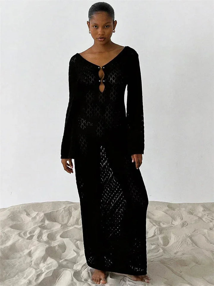 Knitted Maxi Beach Dress with Open Back and Pearl Pin Decoration - Lina