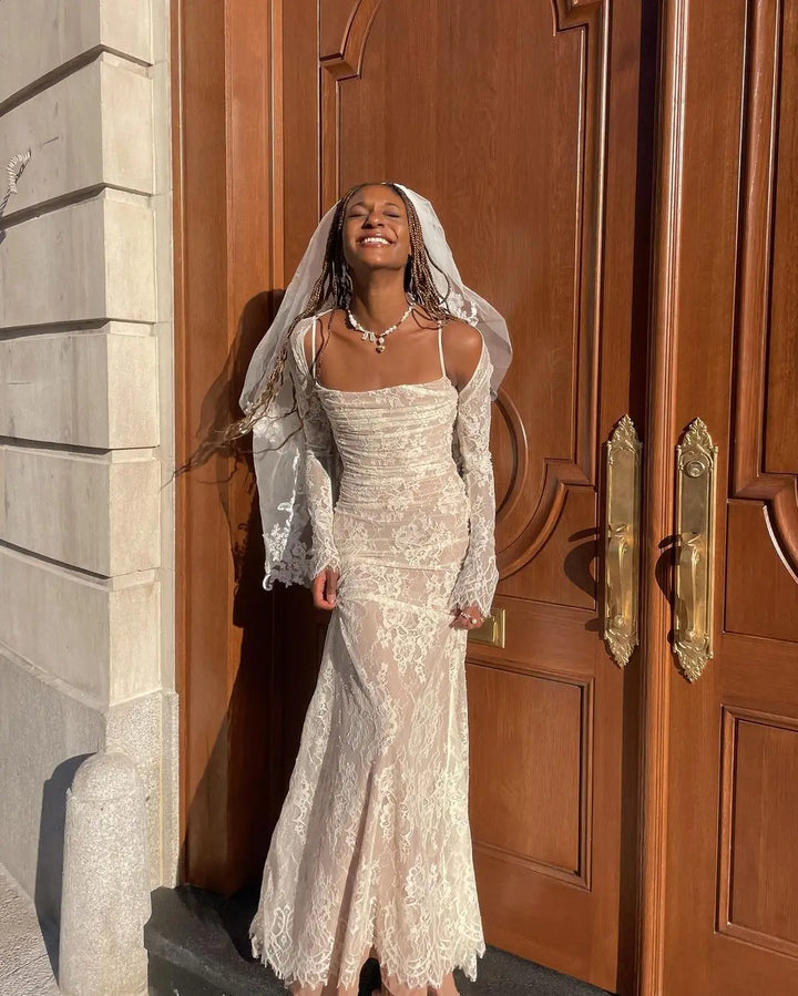 Elegant Maxi Lace Dress with Lace Sleeve Overlay - Ilia