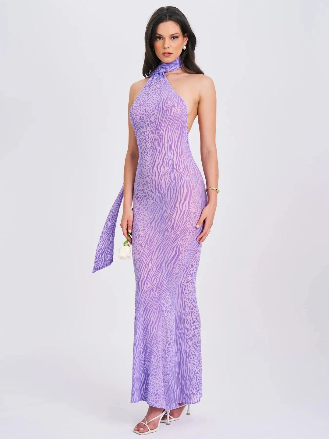 Leopard Print Mesh Maxi Dress with Open Back and Neck Tie - Jessica