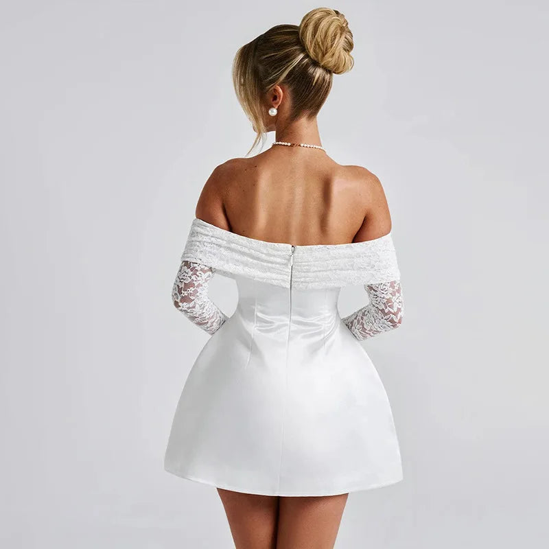 Satin mini dress with off-shoulder and lace sleeves - AMALIA