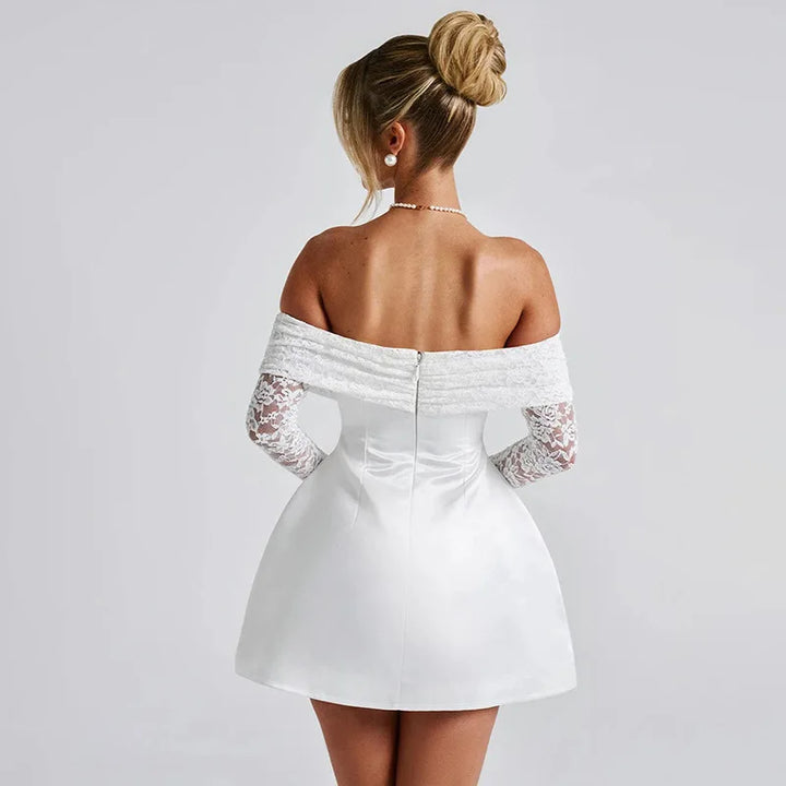 Satin mini dress with off-shoulder and lace sleeves - AMALIA
