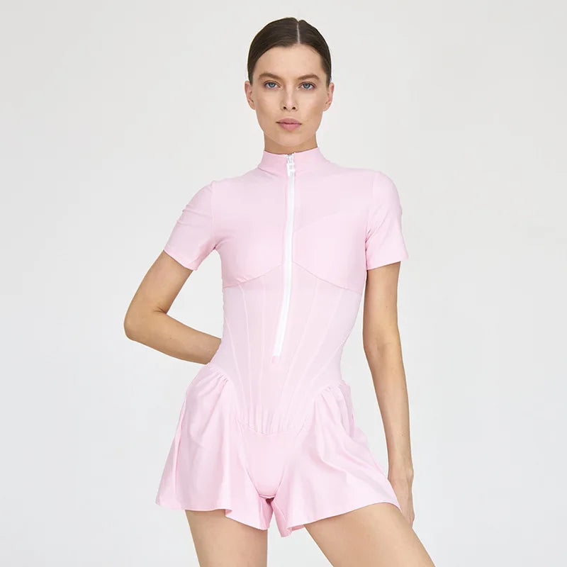 Short Sporty Jumpsuit with Corset Cut and Front Zipper Closure - Averie