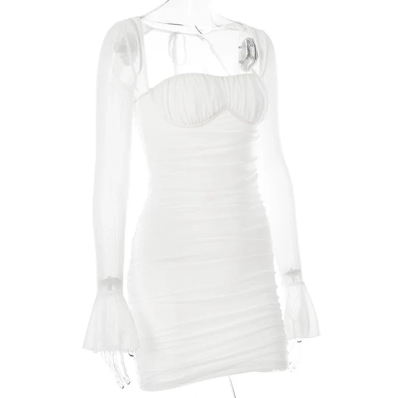 Ruched mini dress with open back and mesh sleeves - Ariana