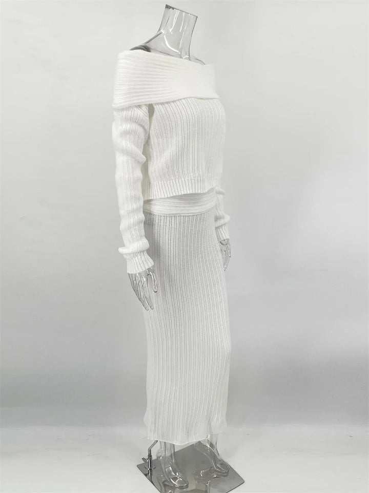 Two-Piece Knit Set with Off-Shoulder Top and Maxi Skirt - Ilona